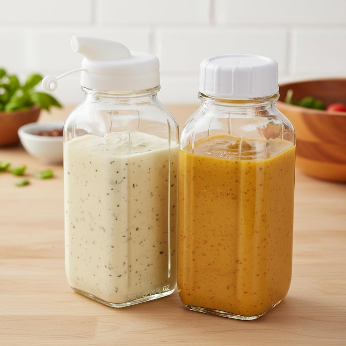 2-Pack Glass Salad Dressing Shaker Bottles, 16 oz Each, Leakproof Dressing Dispensers with Silicone Pour Spouts for Oil, Vinegar, Sauces, Marinades and Meal Prep