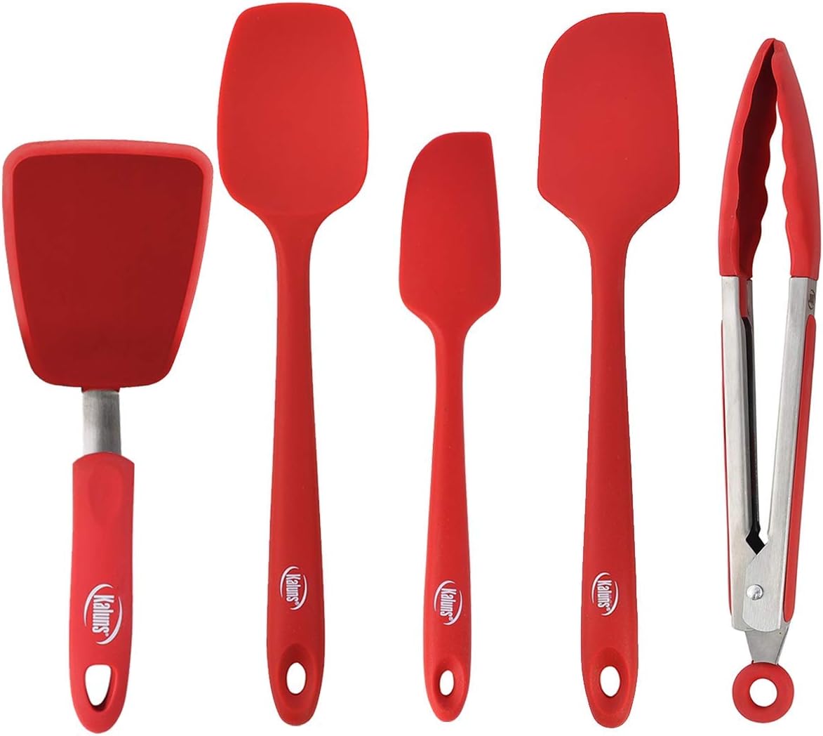 Kaluns Silicone Spatula Set, 4 Rubber Spatulas 600°F Heat Resistant, Nonstick Seamless Design with Stainless Steel Core, Dishwasher Safe, BPA free, Bonus Tongs Included