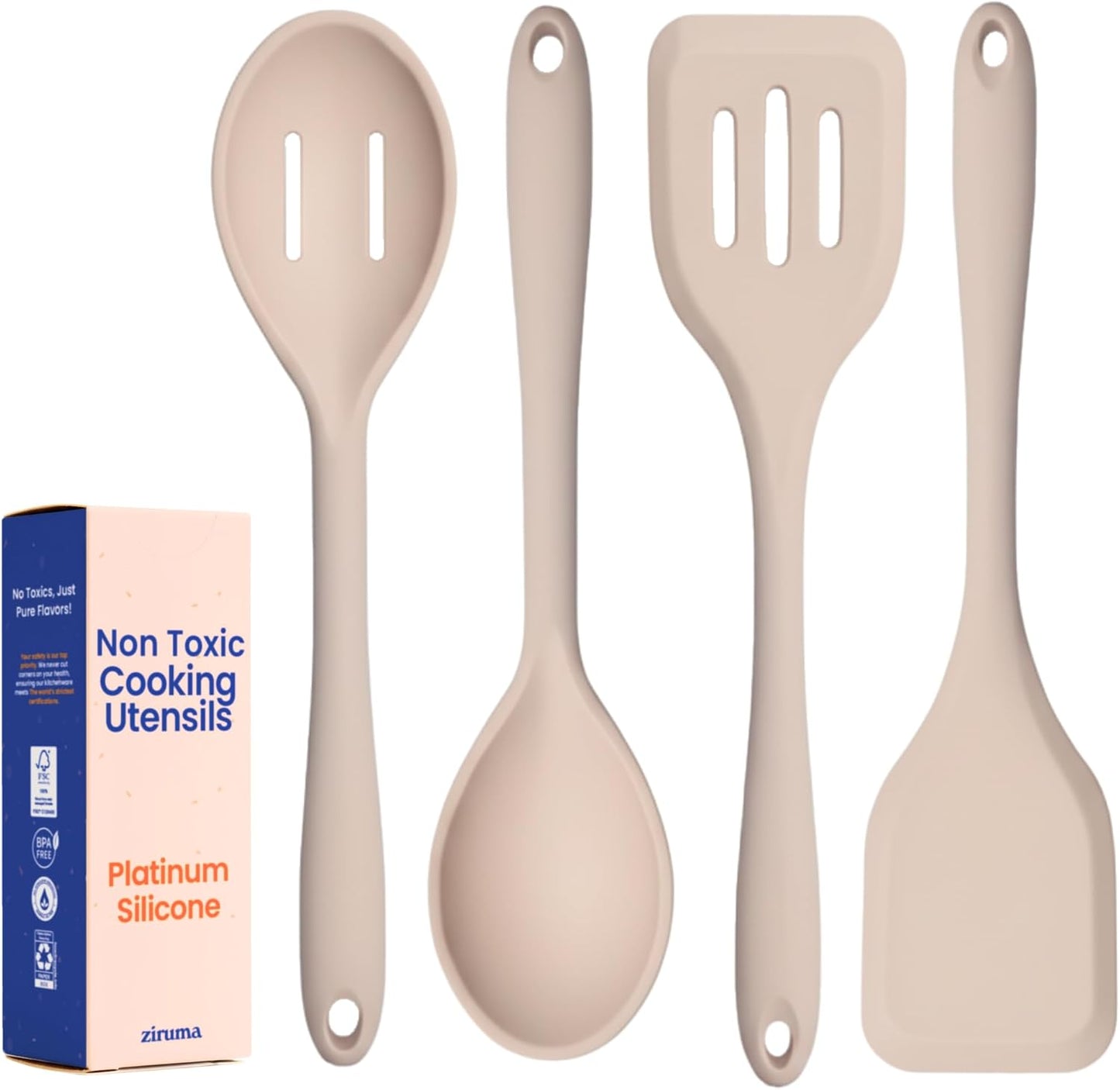 Non-Toxic Platinum Silicone Kitchen Utensil Set of 8 – Non-Scratch Cooking Spoons & Spatulas, 100% Plastic Free, Stainless Steel Core, Heat Resistant 500°F, Beige