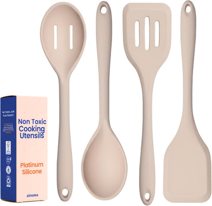 Non-Toxic Platinum Silicone Kitchen Utensil Set of 8 – Non-Scratch Cooking Spoons & Spatulas, 100% Plastic Free, Stainless Steel Core, Heat Resistant 500°F, Beige