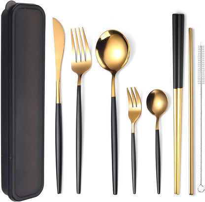 AARAINBOW 8 Pieces Stainless Steel Flatware Set Portable Reusable Cutlery Set Travel Utensils Set Including Chopsticks Knife Fork Spoon Straws Cleaning Brush Dishwasher Safe (Pink Golden)