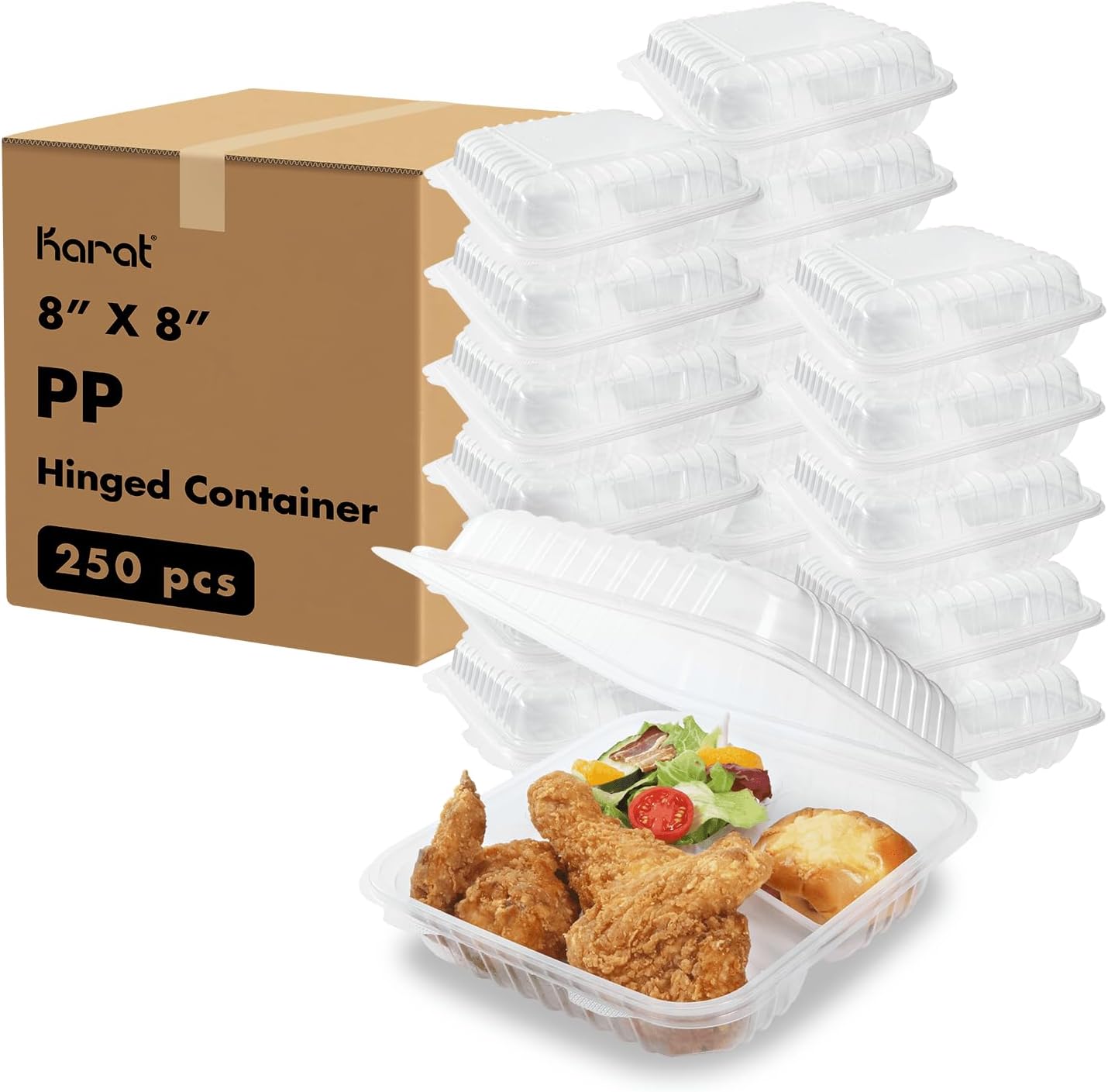 Karat FP-HC99PP-3CU 9"X 9" PP Hinged Containers 3 Compartment - (Case of 200)