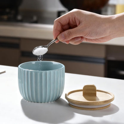 Salt Cellar Keeper with Bamboo Lid, 14oz Big Capacity Ceramic Sugar Bowls Pepper Box, Crackle Glaze Seasoning Container Condiment Pot for Kitchen (Blue Color)