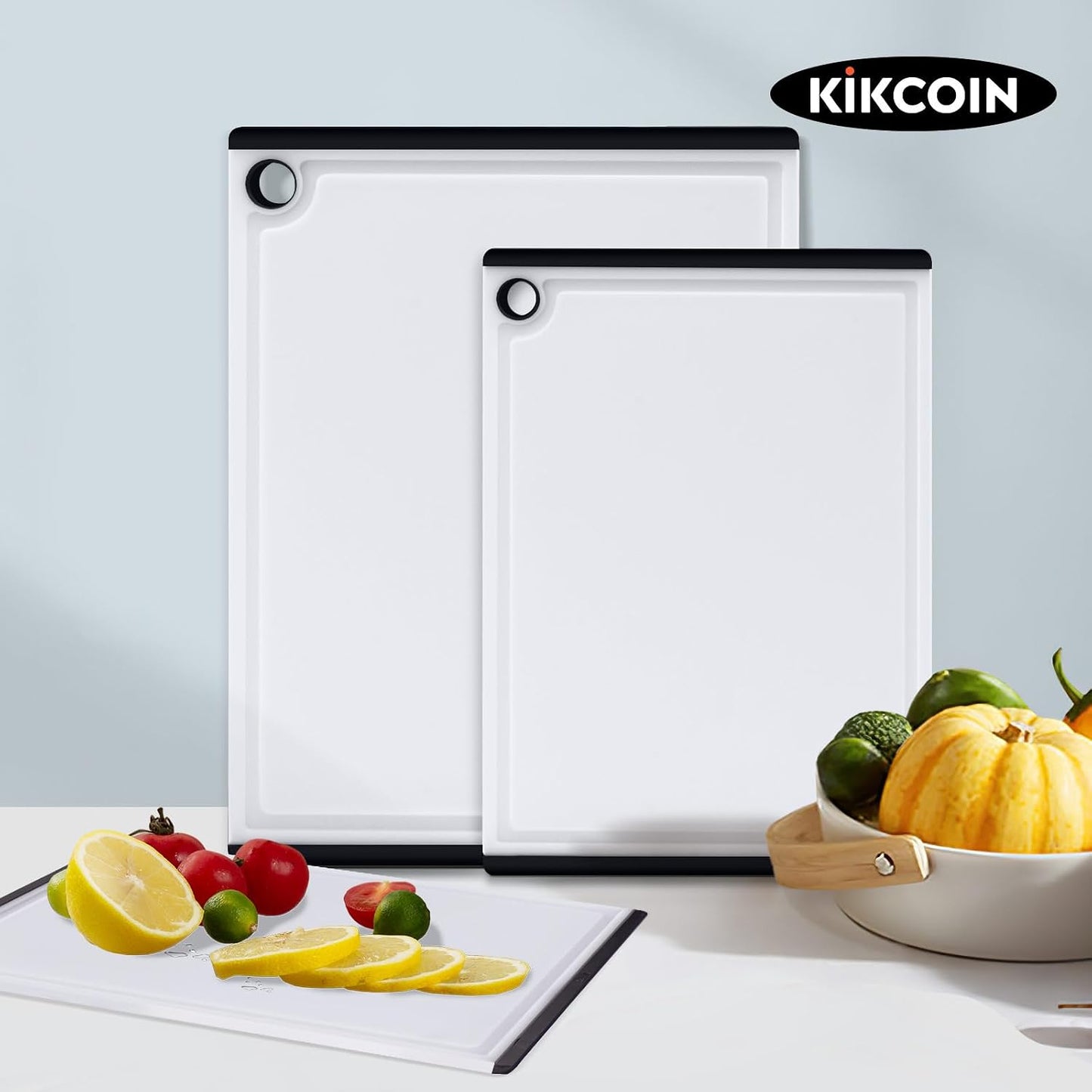 Kikcoin Plastic Cutting Boards for Kitchen, 3-Piece Large Cutting Board Set Dishwasher Safe Chopping Boards with Non-slip Feet and Juice Grooves, Gray
