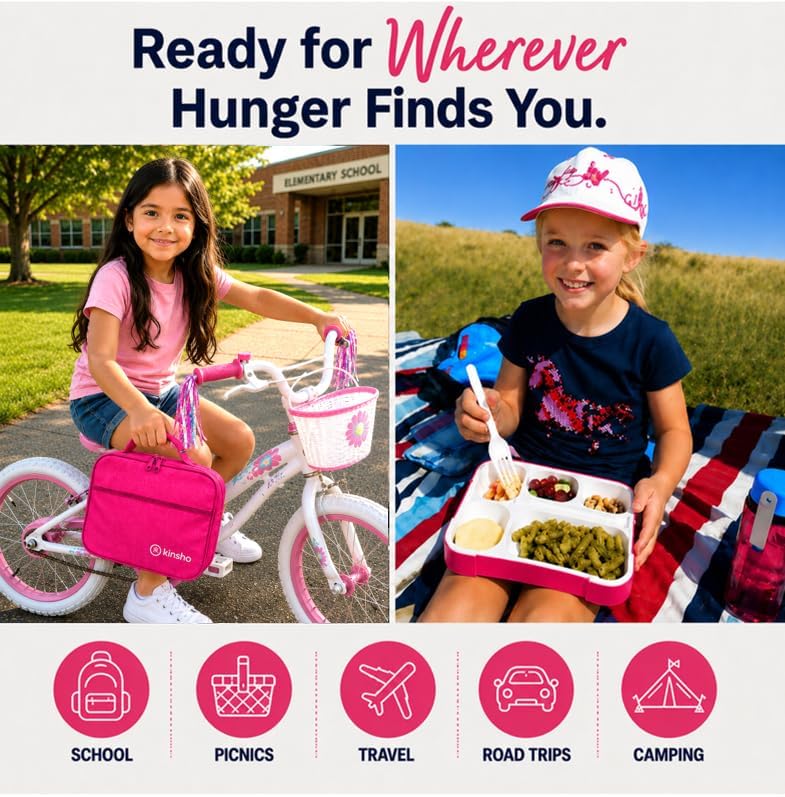 kinsho Lunch Box for Kids Boys Girls - Bento Box Set with Insulated Bag and Ice Pack, 6 Compartment Leak Proof Food Container, BPA-Free, Microwave Safe, Ideal for School & Work, Teal