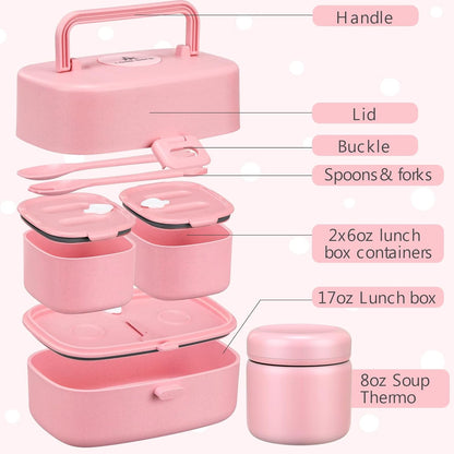 Bento Lunch Box for Kids with 8oz Soup Thermo,2 Leak-Proof Food Containers, a Lunch Bag, Kids Thermo Insulated Hot Food Jar for School, Travel-Green