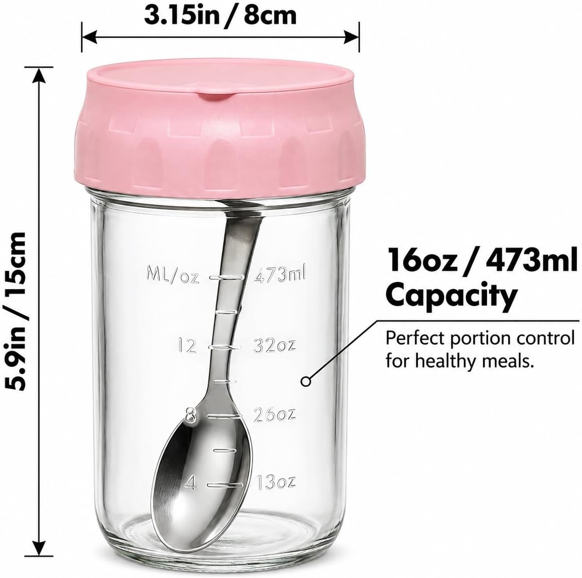 Overnight Oats Containers with Lids, 4 Pack 16 Oz Glass Mason Jars - Leakproof Meal Prep Jars, Separate Compartment, Folding Spoon, Yogurt Parfait Cups, Stackable, BPA Free