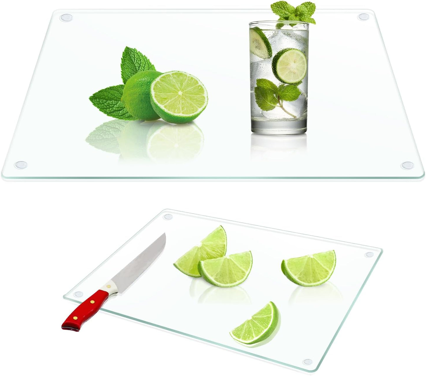 JAMBALAY Tempered Glass Cutting Boards for Kitchen, 16"x12" Clear Glass Cutting Board Set, 2Pcs Chopping Board with Rubber Non Slip Feet, Heat Resistant, Shatter Resistant, Dishwasher Safe