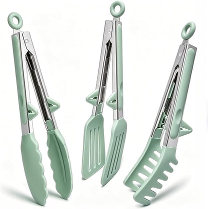 9" Kitchen Tongs for cooking with Silicone Tips, 3Pcs Serving Tongs, Blue