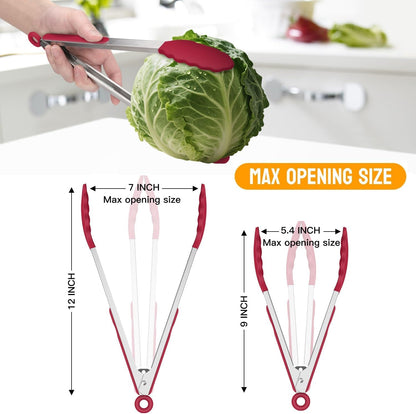 HOTEC Premium Stainless Steel Locking Kitchen Tongs with Silicon Tips, Set of 2-9" and 12"