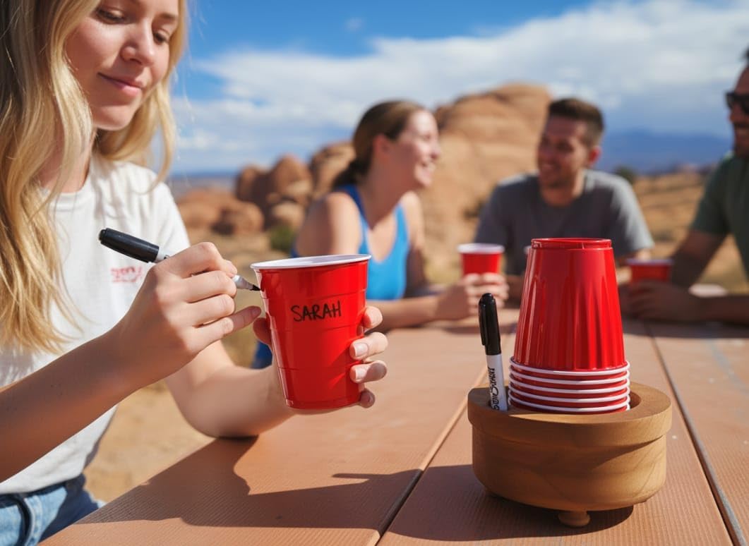 Party Cup Holder with Marker Slots | Drink Organizer for Birthdays, Festive Events, BBQs & Holiday Gatherings | Hosting Essentials for Plastic Cups | Wood Design Two in One (Brown Rustic)