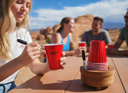 Party Cup Holder with Marker Slots | Drink Organizer for Birthdays, Festive Events, BBQs & Holiday Gatherings | Hosting Essentials for Plastic Cups | Wood Design Two in One (Brown Rustic)