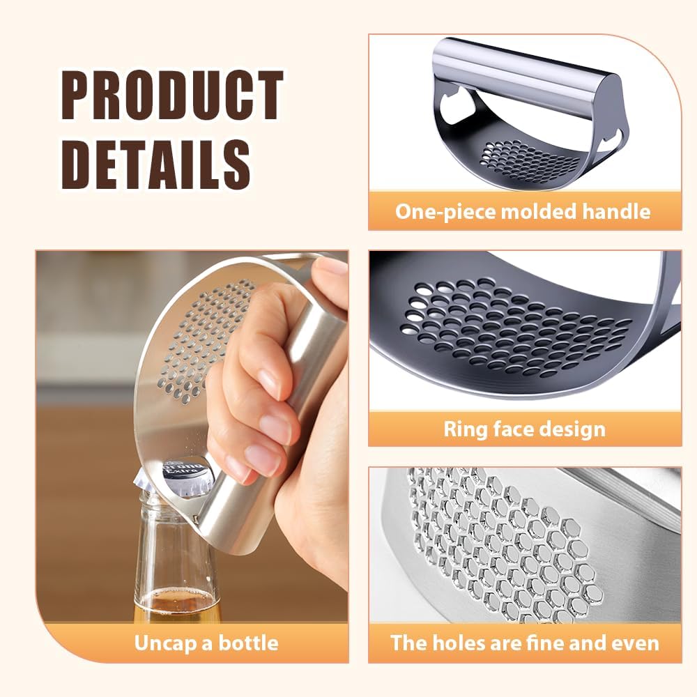 Garlic Press Rocker - 2024 NEW Stainless Steel Garlic Mincer Garlic Crusher with Peeler, New Innovative Garlic Chopper with Peeler and Scraper for Smash Garlic (Black)