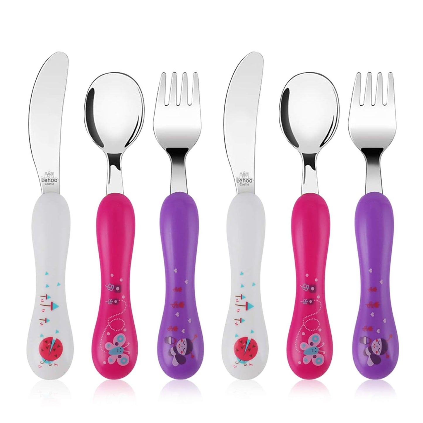 Lehoo Castle 6 Pieces Toddler Utensils, Kids Silverware for 2 3 4 Years Old, Stainless Steel Fork and Spoon Set with Plastic Handle, Safe Toddler Cutlery (Dinosaur)