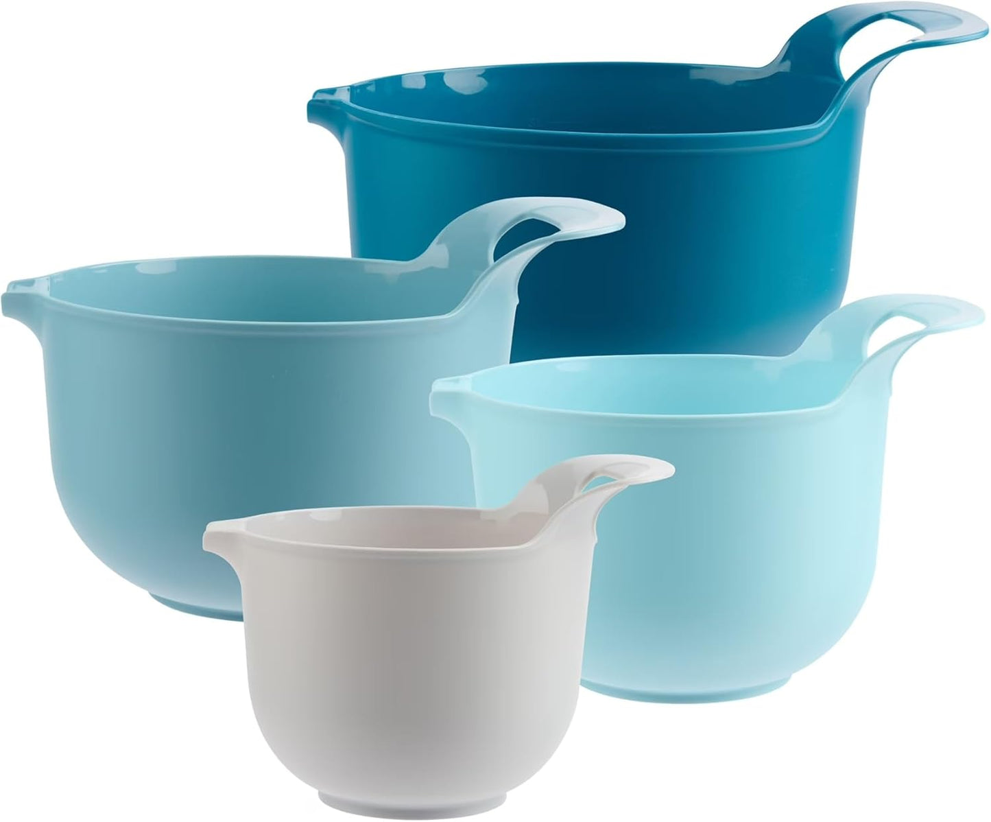 Four-piece nested plastic mixing bowl set with pour spout and handle, blue
