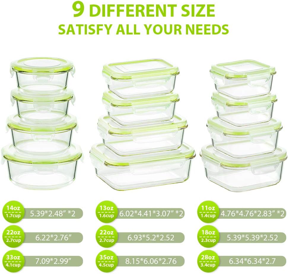 Bayco Glass Food Storage Containers with Lids, [24 Piece] Meal Prep, Airtight Bento Boxes, Leak Proof (12 lids & 12 Containers) - Blue