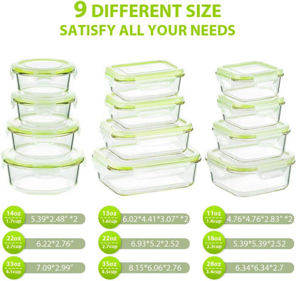 Bayco Glass Food Storage Containers with Lids, [24 Piece] Meal Prep, Airtight Bento Boxes, Leak Proof (12 lids & 12 Containers) - Blue