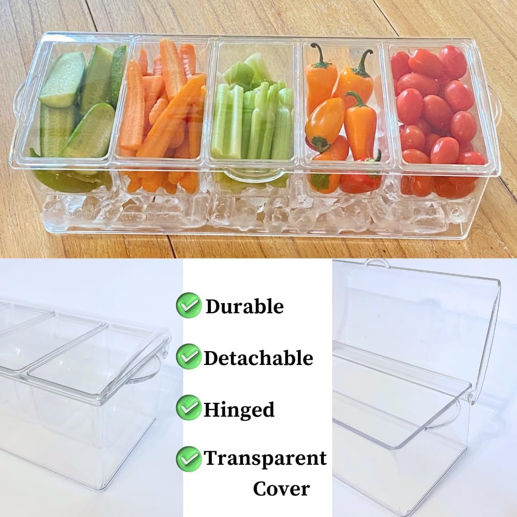 Evelots Ice Chilled 5 Compartment Condiment Server Caddy with Hinged Lid | Plastic Garnish Serving Tray Container | Perfect for BBQs & Parties