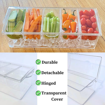 Evelots Ice Chilled 5 Compartment Condiment Server Caddy with Hinged Lid | Plastic Garnish Serving Tray Container | Perfect for BBQs & Parties