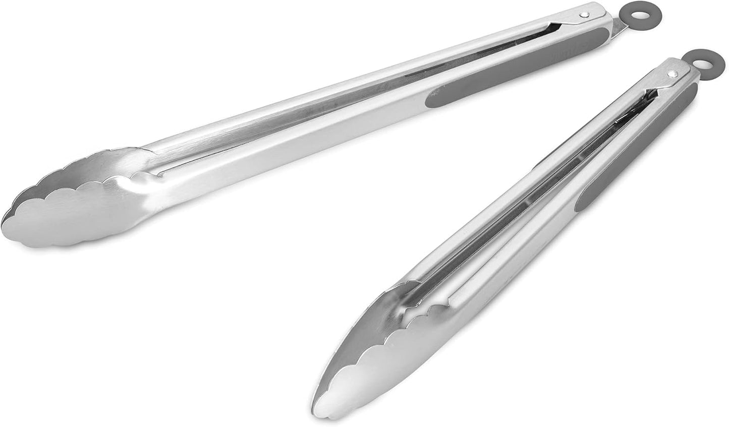 304 Stainless Steel Kitchen Cooking Tongs, 9" and 12" Set of 2 Sturdy Grilling Barbeque Brushed Locking Food Tongs with Ergonomic Grip, Black