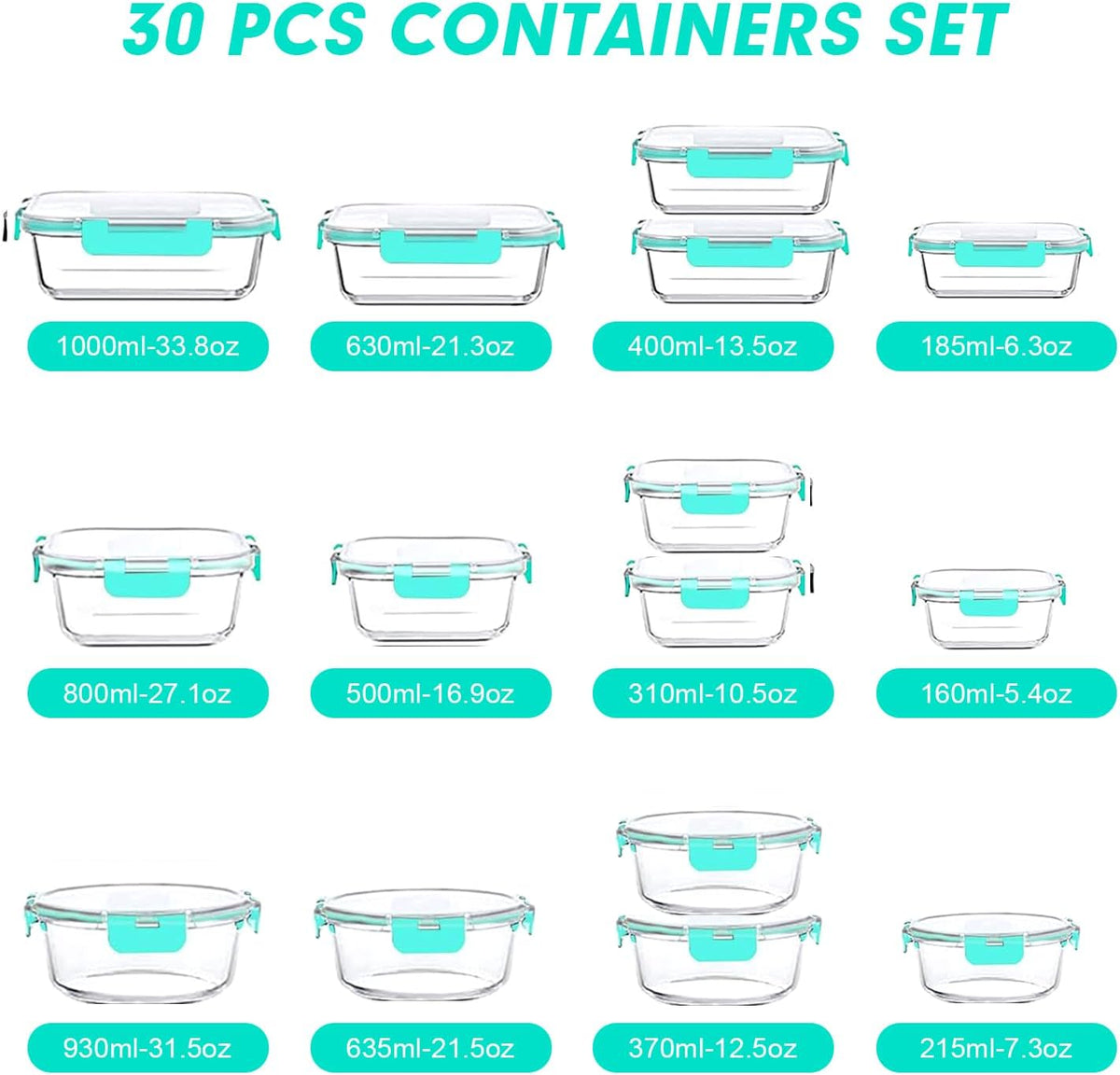 VERONES 30 Pieces Glass Meal Prep Containers Set, Stackable Glass Food Storage Containers with Lids-Airtight Lunch Containers，for Microwave, Oven, Freezer & Dishwasher,Grey