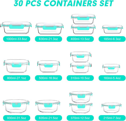VERONES 30 Pieces Glass Meal Prep Containers Set, Stackable Glass Food Storage Containers with Lids-Airtight Lunch Containers，for Microwave, Oven, Freezer & Dishwasher,Grey
