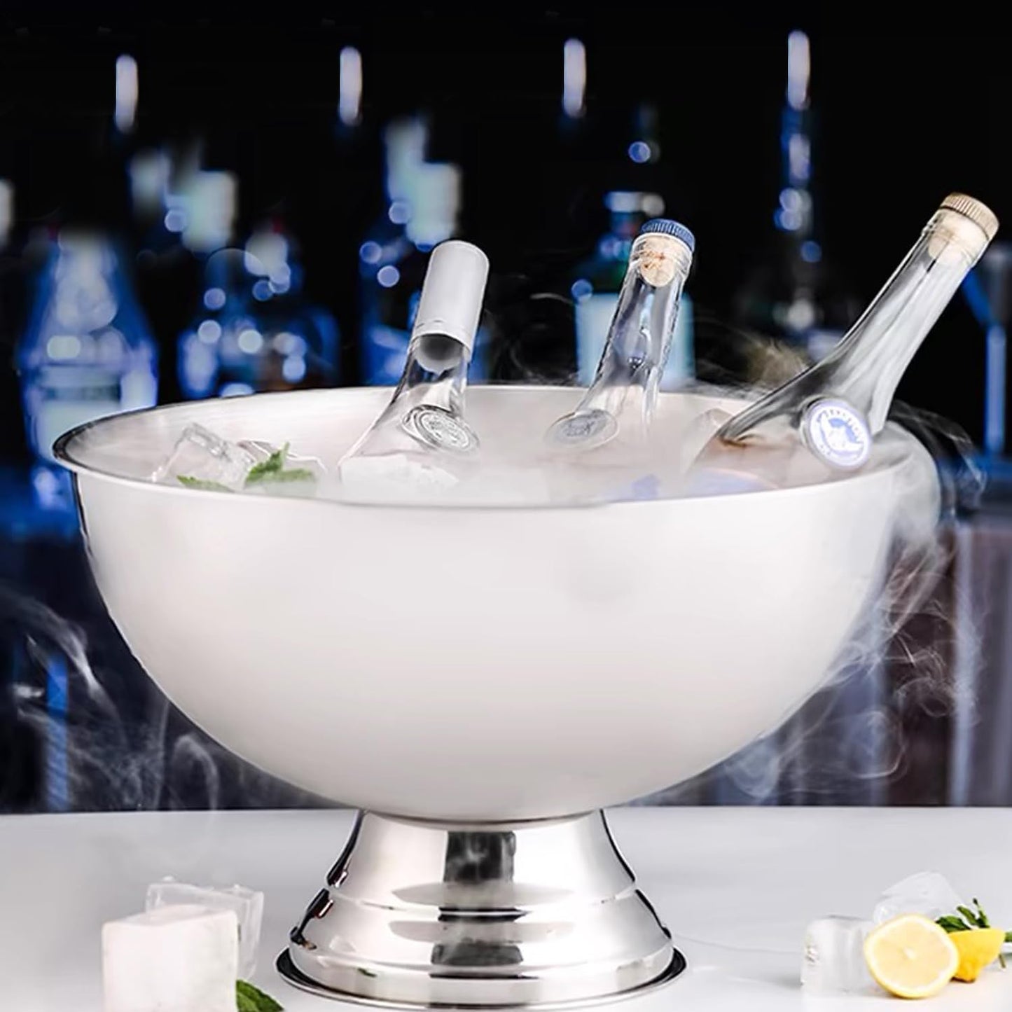 Large Ice Bucket 13L Stainless Steel Champagne Bowl Ice Bucket with Ice Scoop Semicircle Drink Tub with Integrated Base Silver Beverage Tub for Parties, Cocktail Bar, Chilling Wine (1 Pack-Silver)