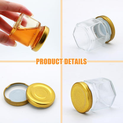 XING-RUIYANG 1.5 oz Hexagon Mini Glass Honey Jars -30Pack Honey Jars with Wood Dipper, Gold Lid, Bee Pendants, Jutes - Perfect for Baby Shower, Wedding Favors, Party Favors