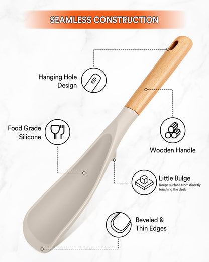 Cooking Spoon for Nonstick Cookwares, Great for Cooking and Serving Sturdy BPA-Free Matte Silicone, Wood Handle Spoon for Mixing, Scoop, and Scrape (Black & Grey, 11.4 inch)