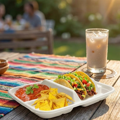 White Disposable Taco Plates for 2 Tacos & 2 Sides – 50 PACK | Premium Paper Plates with Dividers, Fiesta Taco Holder, Taco Stand for Taco Tuesday & Taco Bar Serving Set (White, 50 plates)