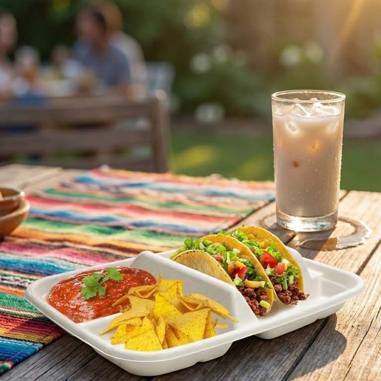 White Disposable Taco Plates for 2 Tacos & 2 Sides – 25 PACK | Premium Paper Plates with Dividers, Fiesta Taco Holder, Taco Stand for Taco Tuesday & Taco Bar Serving Set Taco Plates (25 Plates)