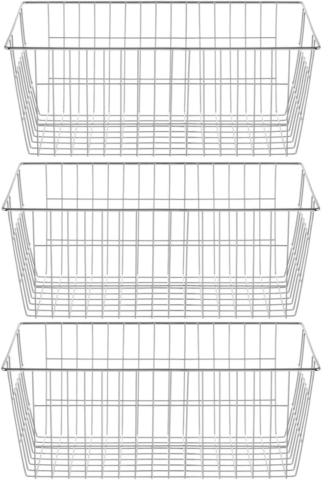SANNO Freezer Baskets for Storage Pantry Large Metal Wire Food Storage Organizer Bin Basket with Handles - for Kitchen Cabinets, Pantry, Bathroom, Laundry Room, Closets, Garage - Chrome，2 pack
