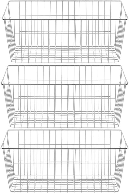 SANNO Freezer Baskets for Storage Pantry Large Metal Wire Food Storage Organizer Bin Basket with Handles - for Kitchen Cabinets, Pantry, Bathroom, Laundry Room, Closets, Garage - Chrome，2 pack
