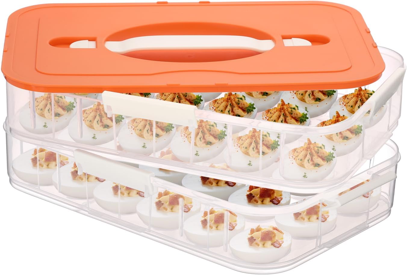 BTSKY Deviled Egg Platter with Lid, 3-Layer 54 Slots Deviled Eggs Carrier, Clear Portable Egg Holder for Fridge Reusable Deviled Eggs Tray Carton Box for Easter and Party Favor (3-Layer, Orange)