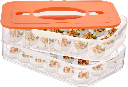 BTSKY Deviled Egg Platter with Lid, 3-Layer 54 Slots Deviled Eggs Carrier, Clear Portable Egg Holder for Fridge Reusable Deviled Eggs Tray Carton Box for Easter and Party Favor (3-Layer, Orange)