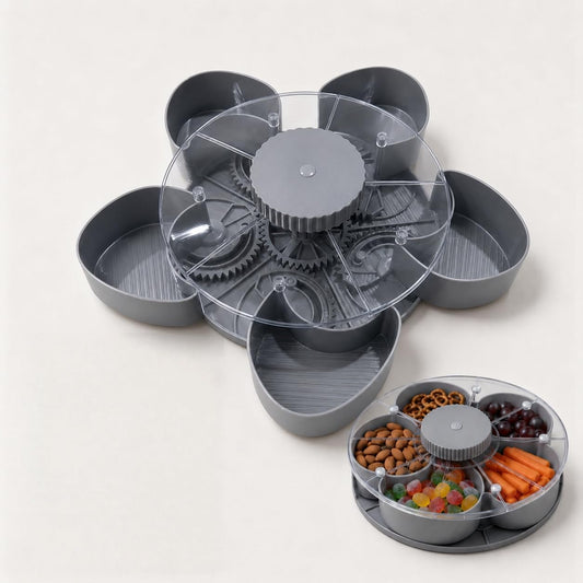 Divided Serving Tray that Spins, Spinning Lazy Susan Organizer, Grey, Flower Design