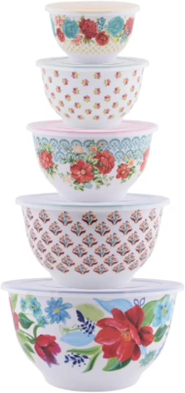Pioneer Woman Floral Spring Bouquet Melamine Mixing Bowl Set, 10 Piece Set With Lids