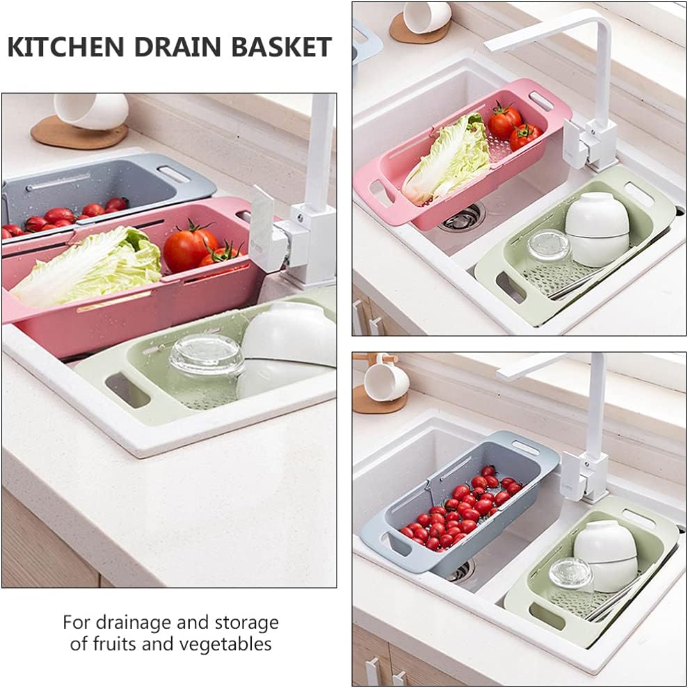 Cabilock Extendable Over The Sink Colander Fruits and Vegetables Drain Basket Expandable Dish Drying Rack Adjustable Trainer Sink Washing Basket for Kitchen