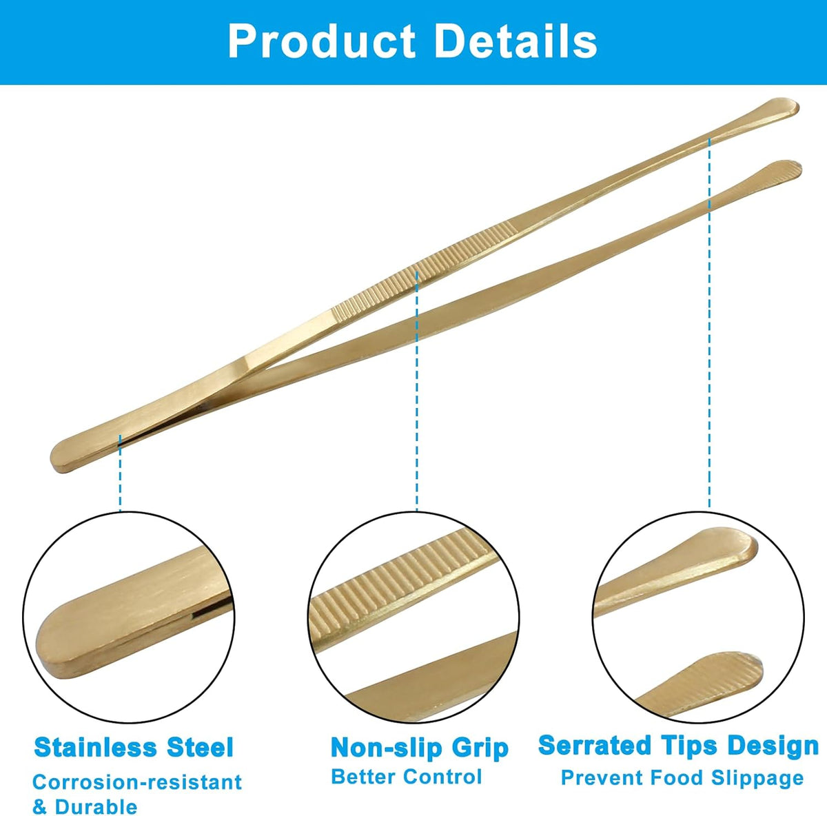 2 Pcs Stainless Steel Tweezers Tongs, 12 Inch Extra-Long Tweezers with Precision Serrated Tips for Kitchen Cooking, Baking, Garden (Rainbow)