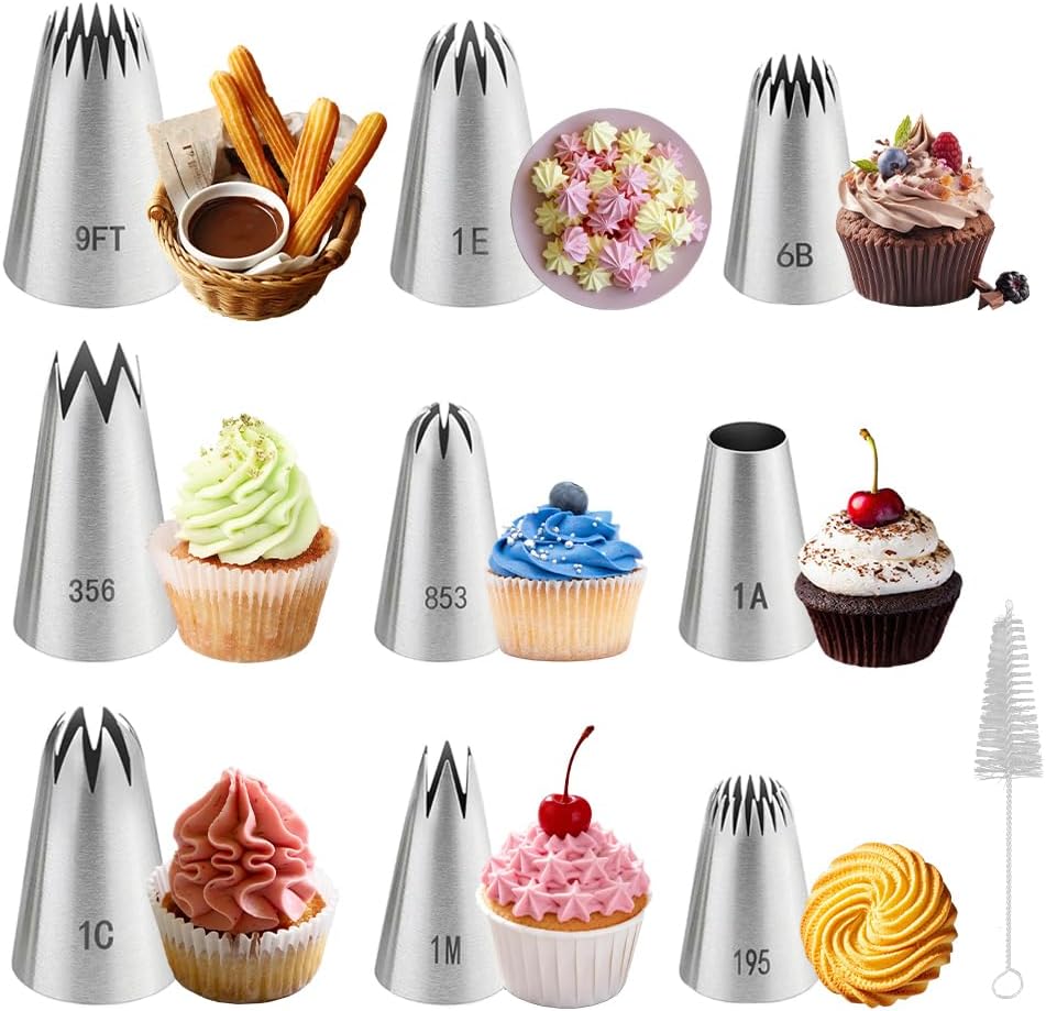 9PCS Large Piping Tips with brush,Sturdy Cake Piping Tip for Cookie Cupcake
