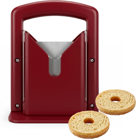 Slicer and Cutter with Safety Shield - Serrated Blade Cuts Bagels, Muffins, Buns and Rolls - Dishwasher Safe Bagel Guillotine, 9.25 Inches Tall, White (red)
