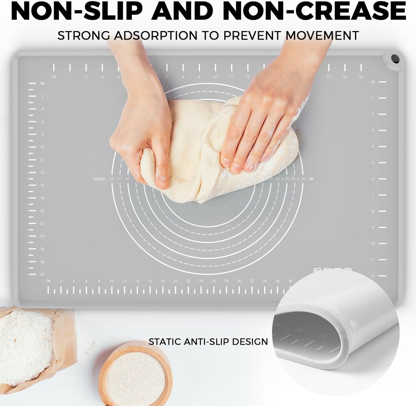 Silicone Baking Mat 24" x 16", Extra Thick Dough Rolling Mat with Measurements and Edge Heightening, Non-stick Food Grade Silicone Pastry Mat for for Pastry, Bread, Cookies, Pizza, Fondant, Pasta