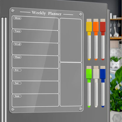 JonXon 8"X12" Acrylic Magnetic Menu Board for Kitchen,Acrylic Weekly Calendar for Fridge,Clear Meal Planner for Refrigerator,Magnet Fridge Menu Planner with 6 Magnetic Erasable Markers