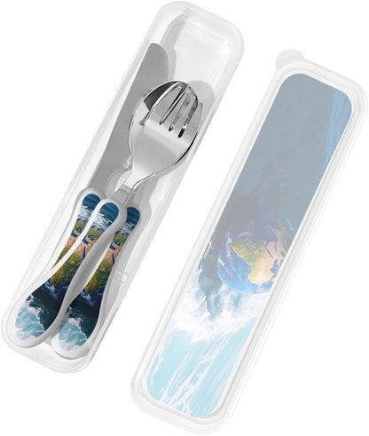 3-Piece Kids Silverware Set With Storage Case, Stainless Steel Reusable Children Safe Knife Spoon Fork Set Dreamy Jellyfish Print Children Flatware Set For Kids Lunch Box
