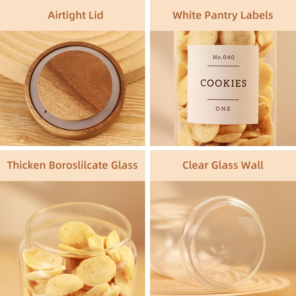 2 Pack Large Glass Flour and Sugar Storage Containers with Airtight Acacia Wood Lids and 132 Kitchen Pantey Labels Preprint - 1 Gallon Borosilicate Glass Canister Sets for Food,Pasta,Cookie,Rice