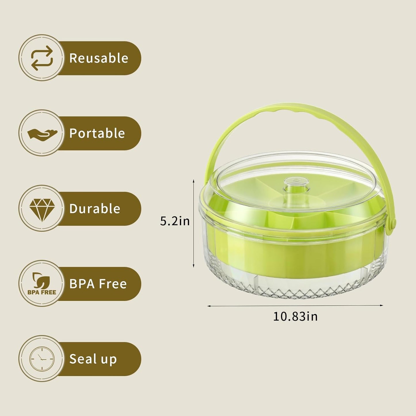Fruit Ice Divided Serving Tray with Lid and handle,Chilled Veggie Tray,Shrimp Cocktail Serving Dish,Ideal Cold Chilled Serving Platter for Parties,Vegetables,Appetizer,Salads,Picnic,Appetizers,Travel