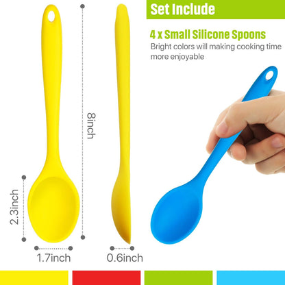 Patelai 4 Pieces Small Silicone Cooking Spoons 8 Inch Heat Resistant Silicone Serving Stirring Spoon for Kitchen Nonstick Cooking Tool Basting Utensils Dishwasher Safe(Red, Orange, Green, Purple)