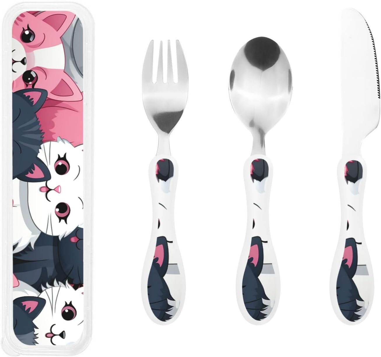 3-Piece Kids Silverware Set With Storage Case, Stainless Steel Reusable Children Safe Knife Spoon Fork Set Cute Kittens Children Flatware Set For Kids Lunch Box