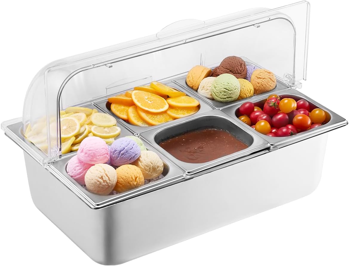 VEVOR Chilled Condiment Server Caddy, 5 Compartment Ice Cooled Serving Container, Plastic Fruit Garnish Tray Platter with Lid, for Taco Salad Bar Accessories, Party Home Restaurant Supplies