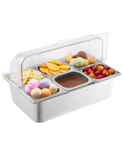 VEVOR Chilled Condiment Server, 4 Compartment Ice Cooled Condiment Serving Container, Chilled Garnish Tray Bar Caddy with Lid, for Bartending & Serving Taco, Salad, Fruit, Home & Restaurant Supplies